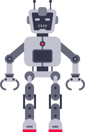 Futuristic robot character standing still with claw hands, antennas and red highlights on white background, artificial intelligence concept in flat design styleのイラスト素材
