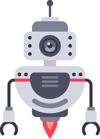 Flying robot with camera and rocket booster launching in a white background, exploring new horizons with artificial intelligence and innovative technologyのイラスト素材