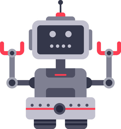 Cartoon robot waving with claw hands, featuring an antenna on its head, a screen face and a camera on its chest, embodies a playful and futuristic conceptのイラスト素材