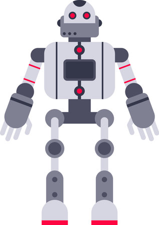 Futuristic robot standing with arms open, red glowing eyes and a screen on its chest, representing advanced technology and artificial intelligenceのイラスト素材