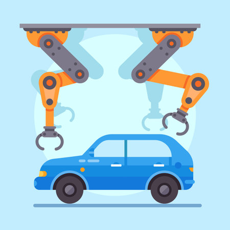 Two robotic arms working meticulously on a blue car within a futuristic factory, highlighting the advancements in automation and efficiency in the automotive manufacturing industryのイラスト素材
