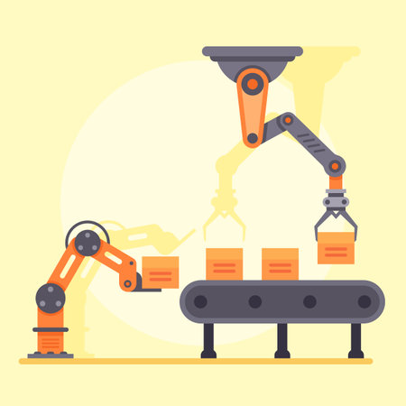 Automated robotic arms lifting and moving boxes on an assembly line inside a factory, representing automation, industry 4.0, artificial intelligence and smart manufacturingのイラスト素材