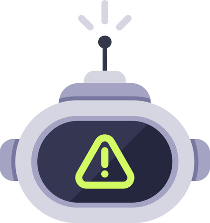 Robot showing warning alert sign on screen and flashing antenna, potential error or malfunction, artificial intelligence concept, flat vector illustration isolated on white backgroundのイラスト素材