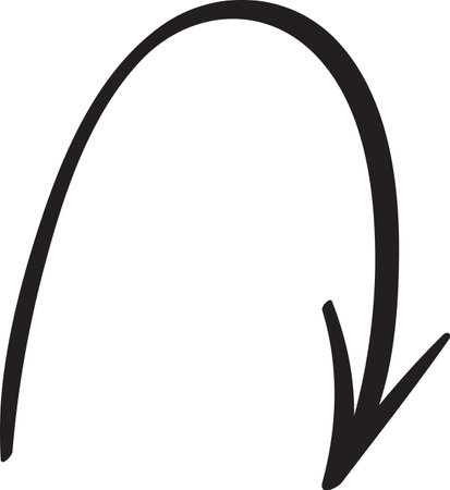 Simple and bold black hand drawn curved arrow pointing downwards, set against a clean white background, serving as an ideal graphic element for various design projectsのイラスト素材