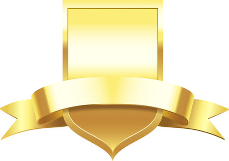 Golden shield and ribbon wrapping around, creating a luxurious and elegant design, perfect for representing quality, prestige, or award winning achievementsのイラスト素材