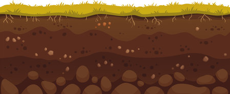 Green grass growing on brown soil layers with visible roots and rocks, representing a healthy and fertile ground perfect for agriculture and gardeningのイラスト素材