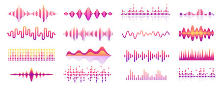 Sound waves. Audio music rhythm wave pulse, voice signal level bar, song waveform graphic icons. Vector volume noise beat waveforms isolated setのイラスト素材