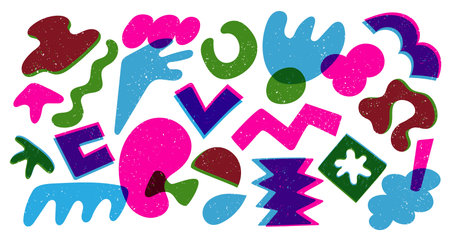 Abstract risograph shapes. Colorful random doodle geometric figures, modern childish riso graphic...