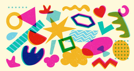 Geometric risograph forms. Abstract minimal primitive shapes with halftone texture, modern bauhaus brutalism figures. Vector graphic setのイラスト素材