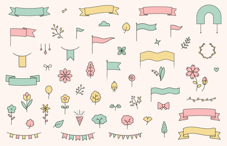 Cute spring title. Floral decorative headline banner with blooming cherry blossom, botanical frame ribbon with sakura flowers for card design. Vector title illustrationのイラスト素材