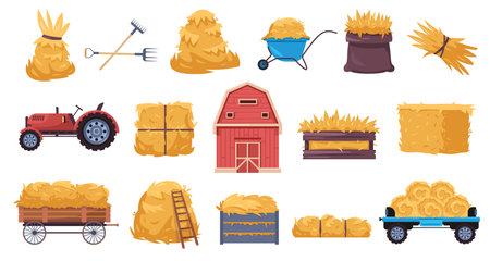 Hay harvest set. Farm dry grass straw pile, rural fodder bale wheelbarrow barn, flat countryside agriculture hay elements. Vector isolated haystack collectionのイラスト素材