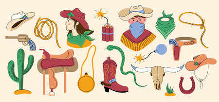 Doodle cowboy set. Cartoon wild west stickers, cute western elements cactus saddle horseshoe lasso bandana cowgirl hat boot. Vector cowboy collectionのイラスト素材