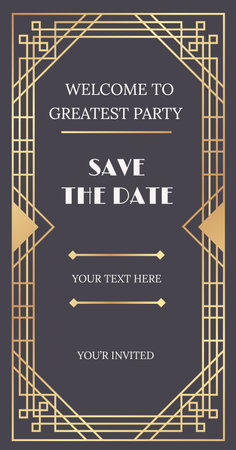 Golden frame with art deco geometric design on dark background welcoming guests to greatest party and requesting to save the date, with space for custom textのイラスト素材