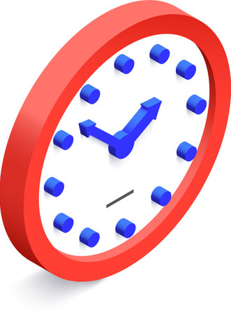 Minimalist isometric clock marking eight o clock, with blue hands and hour markers, and a red...