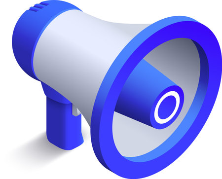 Blue and white megaphone casting a bold shadow on a white background, creating a powerful announcement, perfect for enhancing marketing and advertising campaignsのイラスト素材