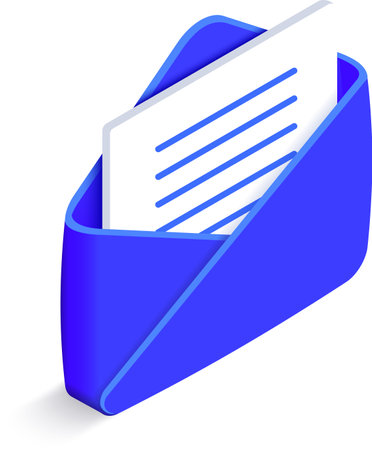 Blue isometric open envelope holding a letter with lines of text, symbolizing email, messaging, and online communication in a digital landscape of correspondence and connectionのイラスト素材