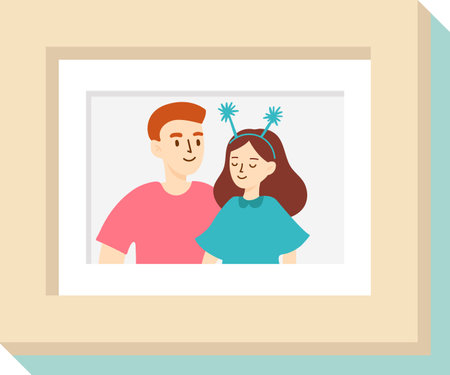 Smiling couple enjoying a joyful moment, with the woman wearing a whimsical headband featuring playful antennas, beautifully framed in a light brown frame with passepartoutのイラスト素材