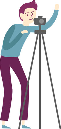 Cameraman taking photos or recording video looking through camera on tripod and waving hand, simple...