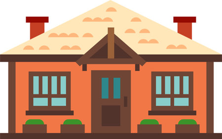 Simple vector illustration of a cozy orange house with a thatched roof, two chimneys, a wooden door and windows, and potted plants, representing concepts of home, family, and real estateのイラスト素材