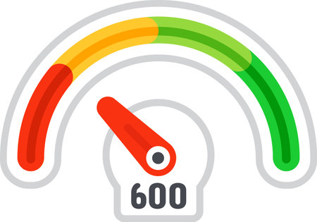 Speedometer pointing average performance with red needle and colorful scale from red to green and number 600, representing average performance or credit scoreのイラスト素材