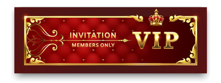 Luxurious vip invitation with golden frame and crown on red velvet background representing exclusivity, privilege and members only access to premium eventsのイラスト素材