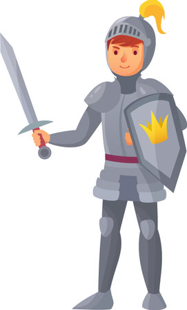 Cartoon illustration featuring a medieval knight clad in shining armor, confidently holding a sword and shield, adorned with a regal crown against a clean white backgroundのイラスト素材