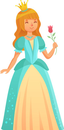 Beautiful princess with closed eyes and long blonde hair holding a red rose, wearing a turquoise and gold elegant dress and a gold crown, in a colorful cartoon styleのイラスト素材