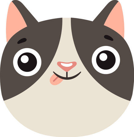 Adorable cartoon cat face with large eyes and a playful expression. Features include a small pink nose, tongue sticking out, and prominent ears. Perfect for children s illustrations and designsのイラスト素材