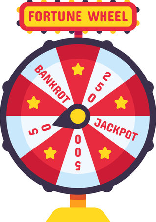 Colorful fortune wheel spinning rapidly, offering chances to win a jackpot, face bankruptcy, or score various points, embodying the excitement of gambling and risk takingのイラスト素材