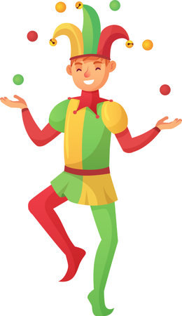Cheerful jester juggling colorful balls, wearing a traditional costume with a hat and bells, smiling and entertaining audience with his performanceのイラスト素材