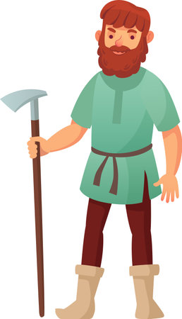 Cartoon illustration of a medieval farmer holding a pickaxe representing work in the middle ages, agriculture, and traditional farming methodsのイラスト素材
