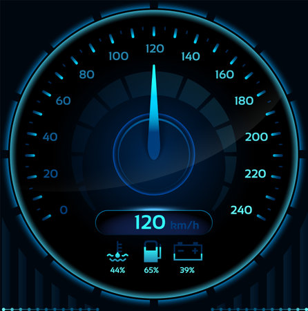 Futuristic glowing blue speedometer displaying 120 kilometers per hour, featuring coolant, fuel, and battery indicators, set against a dark background for a striking visual effectのイラスト素材