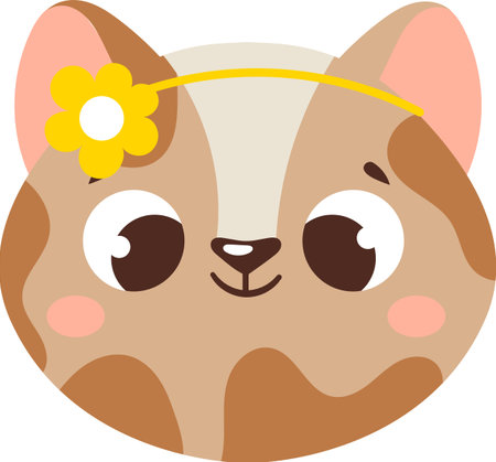 Adorable brown cat with big eyes wearing a yellow flower headband, smiling happily, perfect for children s books, greeting cards, and other cute designsのイラスト素材