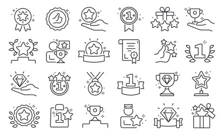 Reward line icons. Award and prize premium quality pictograms, outline bonus and benefit, reward loyalty program and gift voucher symbols. Vector editable stroke collectionのイラスト素材
