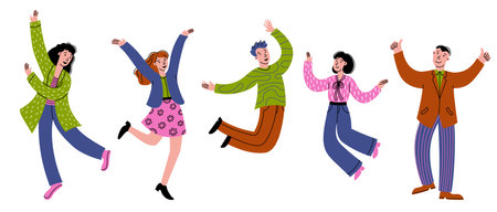 Happy people jumping. Doodle business office workers jumping, joy and successful person, happy professional corporate employees. Vector businessmen group jumpのイラスト素材