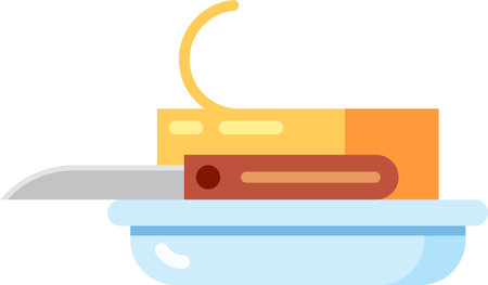 Illustration of a butter block being sliced with a knife on a plate. The image highlights culinary preparation, showcasing the simplicity of kitchen tasks and food preparation essentialsのイラスト素材