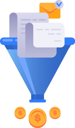 Email marketing and documents flowing into a sales funnel, generating revenue, boosting conversion rates, and enhancing lead generation for improved business success and financial growthのイラスト素材