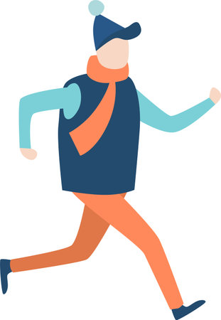 Illustration of a man running outside in winter wearing warm clothes, including a bobble hat, scarf, vest, long sleeved shirt, and trousersのイラスト素材