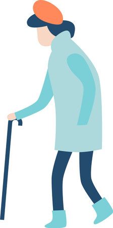 Senior woman wearing a stylish beret, warm winter coat, and sturdy boots, walking with a cane during the cold season, captured in a side view while enjoying the outdoorsのイラスト素材
