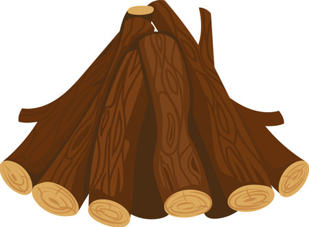 Firewood logs stacked in a pyramid shape, showcasing the texture of the wood grain and the circular ends, creating a rustic and natural scene perfect for winter or camping themesのイラスト素材