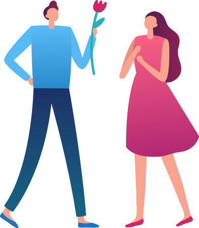Young man presenting a single flower to a surprised young woman in a colorful vector illustration capturing love, romance, and joyful togethernessのイラスト素材