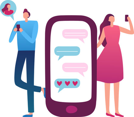 Man and woman engaging in online dating, exchanging romantic text messages filled with hearts on a large smartphone screen, illustrating modern communication and connectionのイラスト素材
