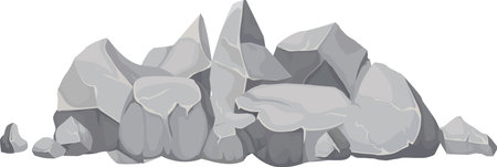 Gray rocks of various shapes and sizes are piled together, creating a natural barrier or obstacle, suggesting a rugged, mountainous terrain or a construction siteのイラスト素材