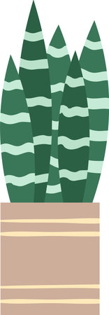 Simple illustration of a snake plant with long, pointed, green leaves with light green stripes, growing in a light brown pot with horizontal beige stripesのイラスト素材