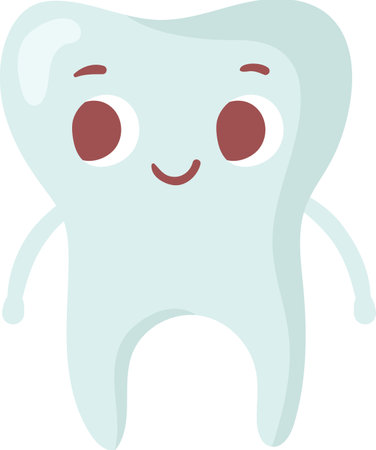 Cartoon illustration of a smiling tooth with big eyes and small arms standing on a white background, promoting dental health and hygiene for childrenのイラスト素材