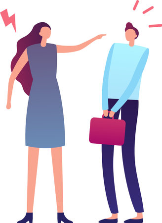 Furious businesswoman is scolding a guilty businessman who is holding a briefcase, representing a conflict or disagreement in a professional environmentのイラスト素材