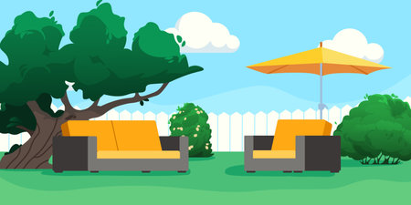 Backyard patio with sofa, yellow umbrella and green trees against blue sky with clouds. Modern garden furniture in seating area. Flat vector illustrationのイラスト素材