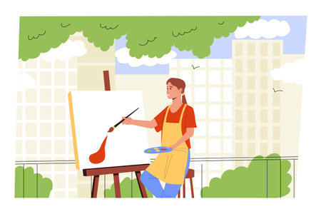 Woman painting on canvas with brush outdoors on city terrace. Creative moment urban art practice. Hobby, painting course. Flat vector illustrationのイラスト素材