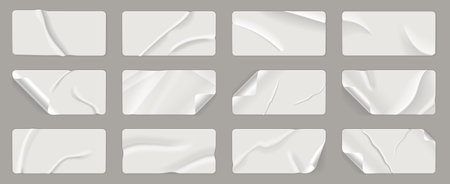 Crumpled sticker. Wrinkled paper labels with adhesive tape, old vintage glued rectangle memo notes with peel corners, realistic sticky tag mockup design. Vector stickers setのイラスト素材