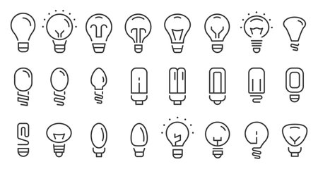 Light bulbs line icons. Electric energy lightbulbs, minimalist electricity power or creativity idea outline signs, innovation invention, glowing lamp lightbulb symbols. Vector setのイラスト素材